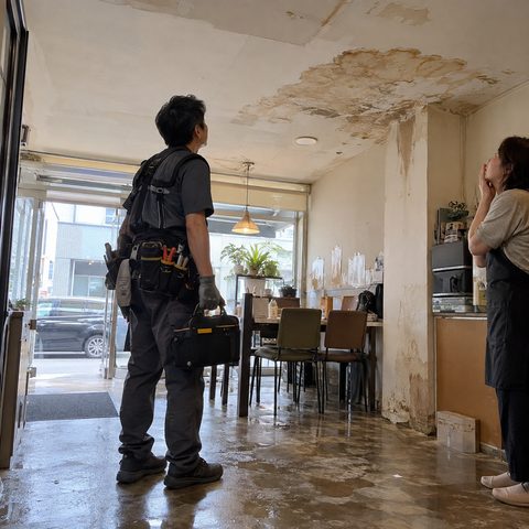 젖어 얼룩진 카페 천장을 올려다보는 기사와 걱정스러운 가게 주인(예시 이미지)