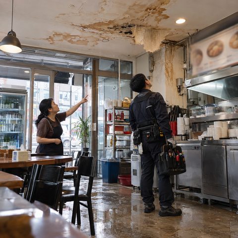 식당 천장의 물 얼룩을 가리키는 주인과 함께 올려다보는 기사(예시 이미지)
